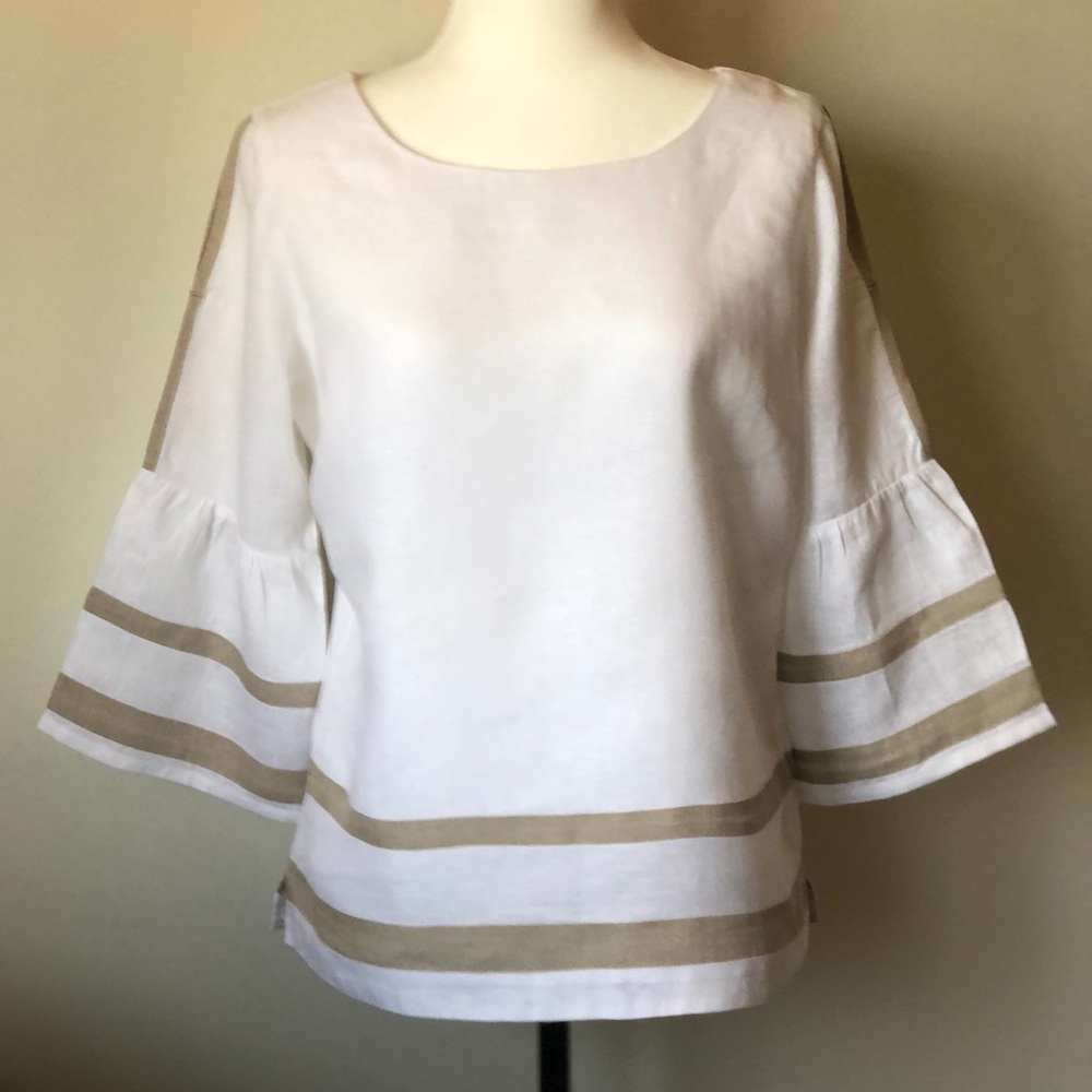 Salma MX 100% linen top from Mexico - size Large - white tan blouse